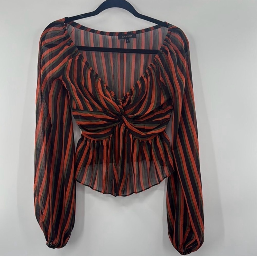 Olivaceous Sheer Blouse with Black, Olive Green, Orange Stripes Sexy Date